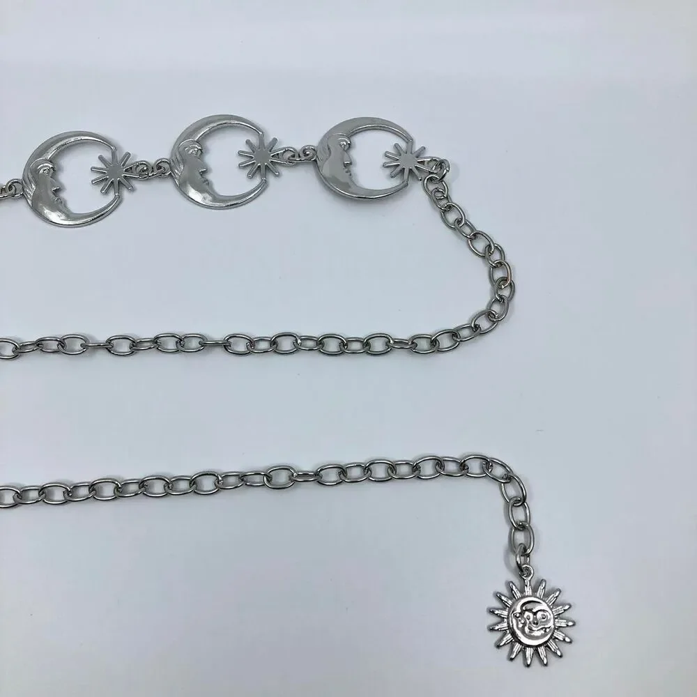 Vintage Y2K Celestial Silver Moon Star Chain Belt, Fits 12–41 Inches, X7GA1234